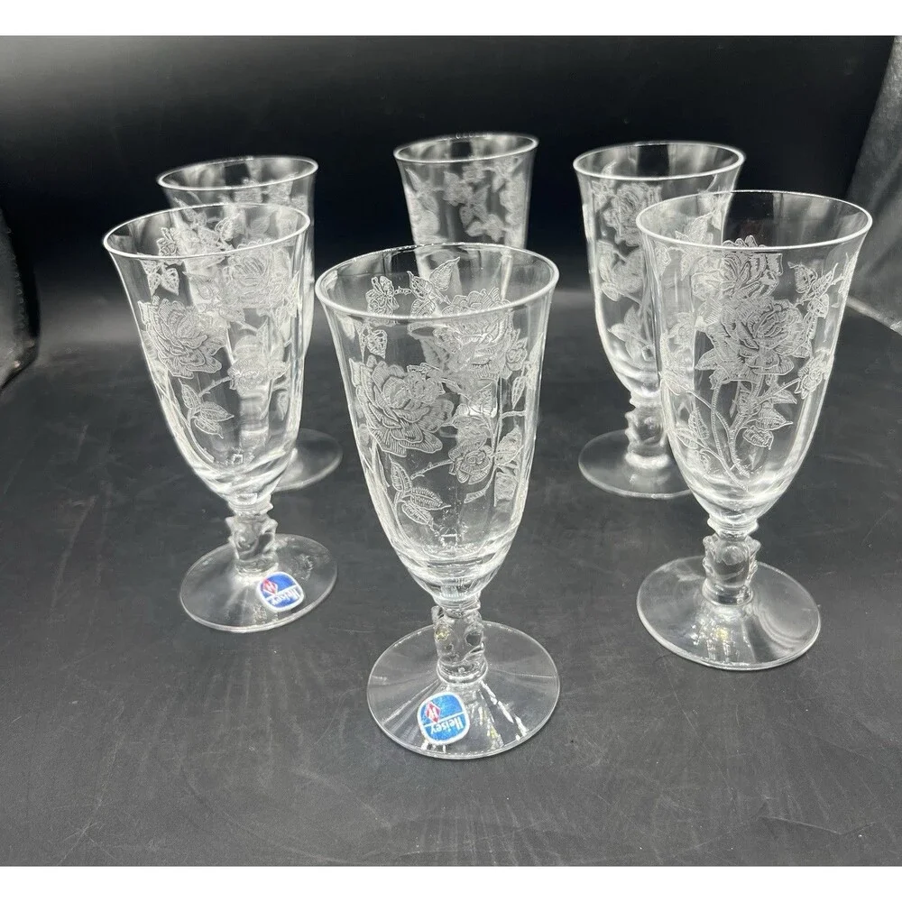 Heisey Rose Etched Crystal Water Goblets Set of 6 Vintage 5.5” Original Labels